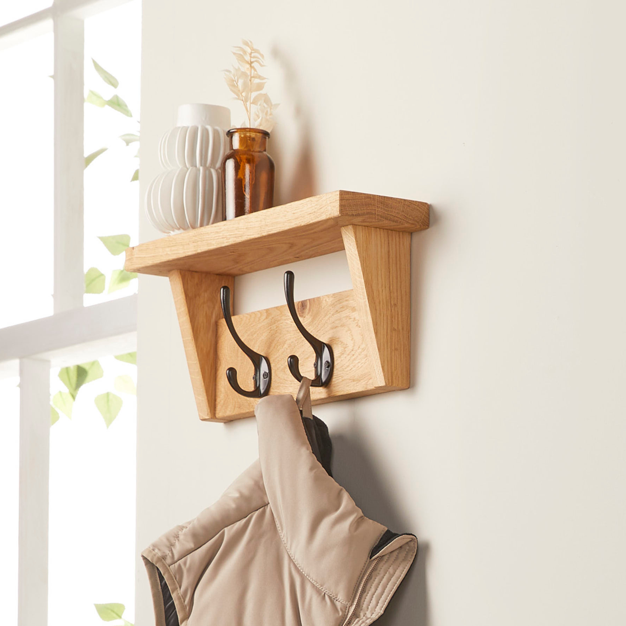 Solid Oak Coat Rack with Storage Shelf | Handmade Wooden Coat Hooks - Off  the Grain