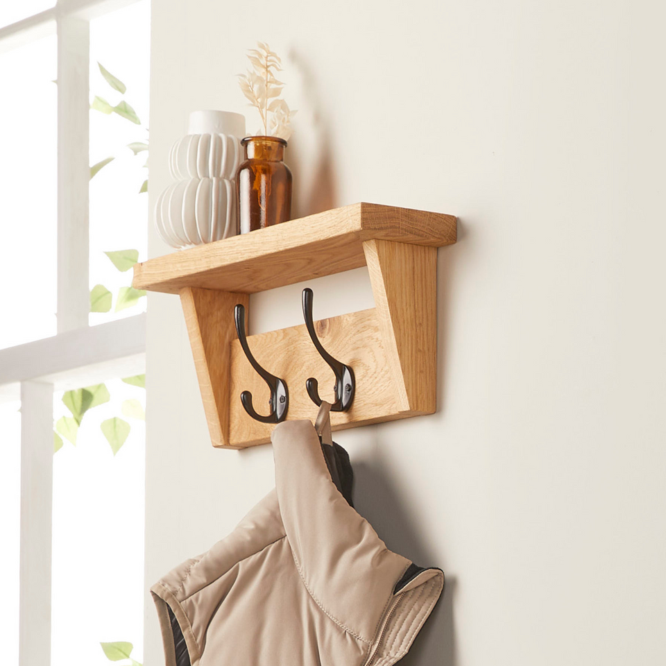 Solid Oak Coat Rack with Storage Shelf | Handmade Wooden Coat Hooks ...