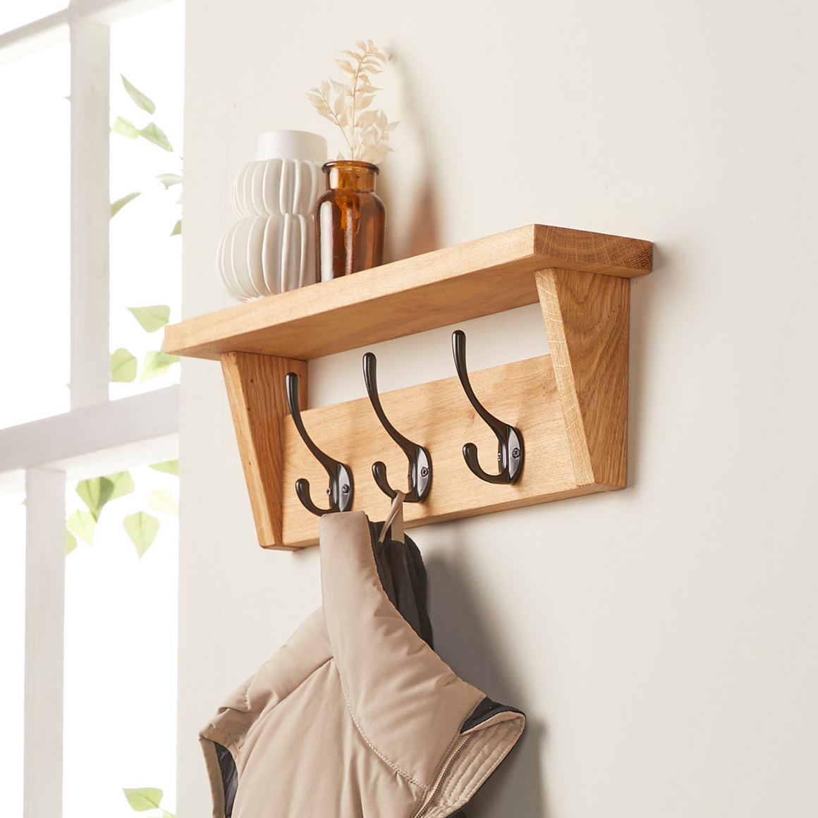 Solid Oak Coat Rack with Storage Shelf | Handmade Wooden Coat Hooks ...