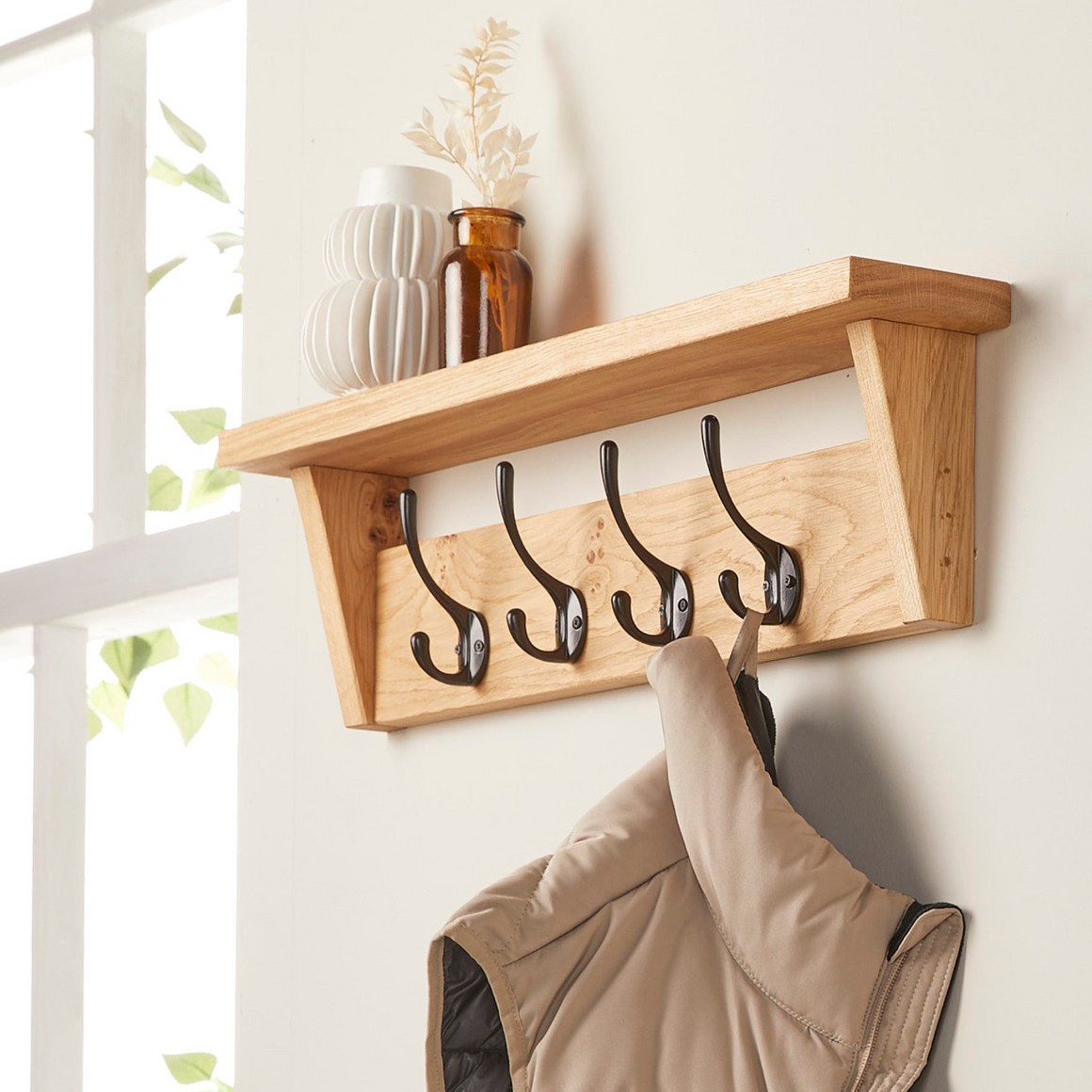 Solid Oak Coat Rack with Storage Shelf | Handmade Wooden Coat Hooks ...