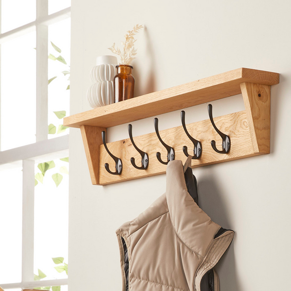 Solid Oak Coat Rack with Storage Shelf | Handmade Wooden Coat Hooks ...