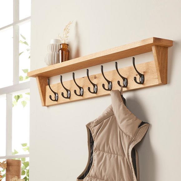 Solid Oak Coat Rack with Storage Shelf | Handmade Wooden Coat Hooks ...