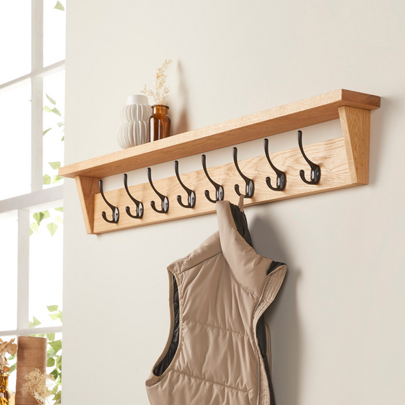 Solid Oak Coat Rack with Storage Shelf | Handmade Wooden Coat Hooks ...