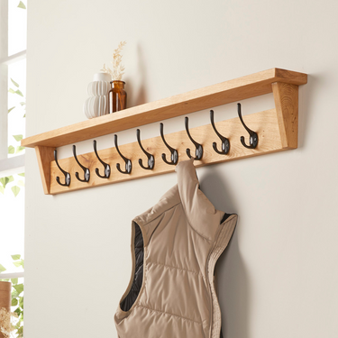 Solid Oak Coat Rack with Storage Shelf | Handmade Wooden Coat Hooks ...