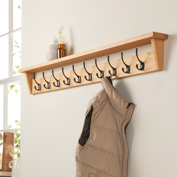 Solid Oak Coat Rack with Storage Shelf | Handmade Wooden Coat Hooks ...