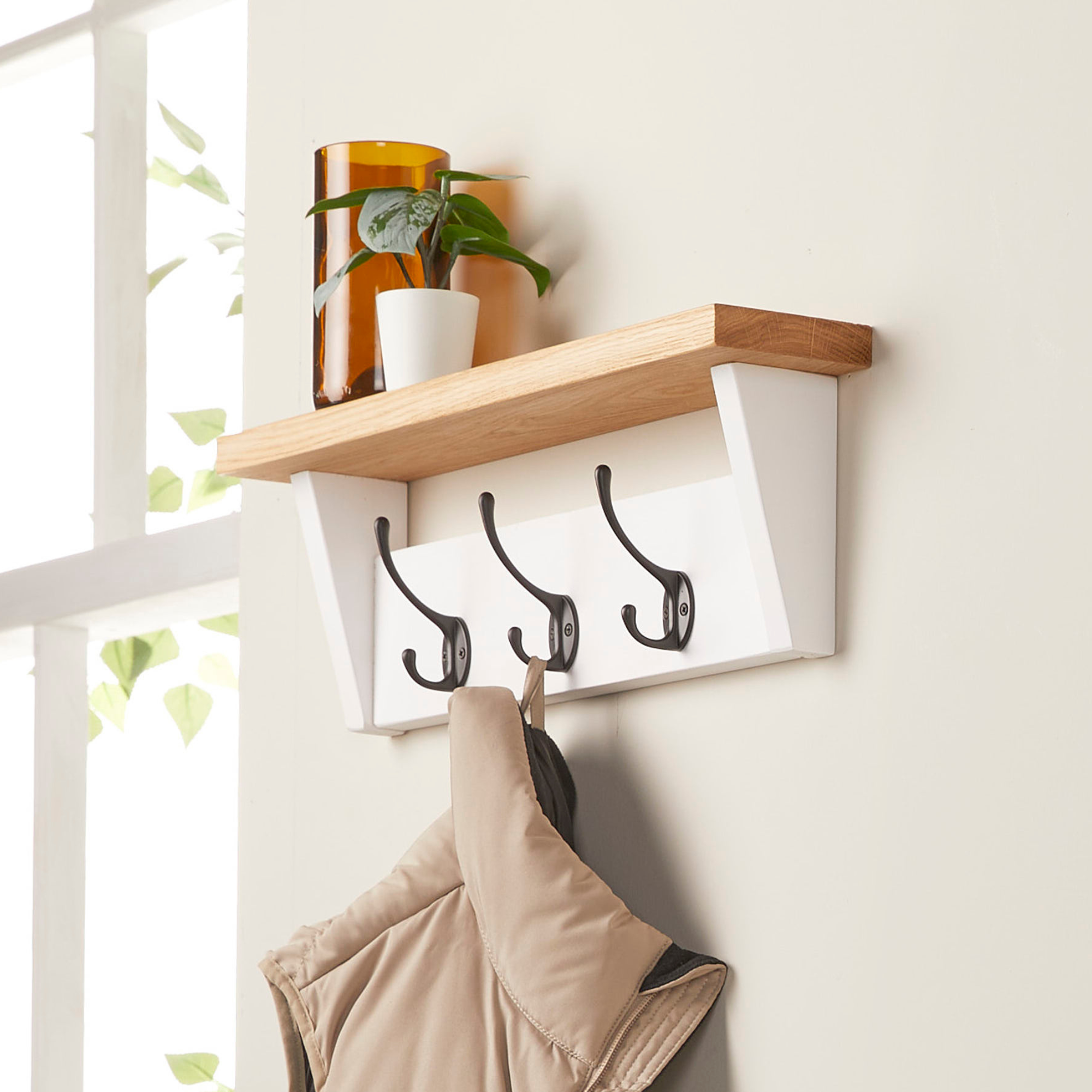 Solid Wood Industrial Style Coat Rack & Shelf, Coat Hooks
