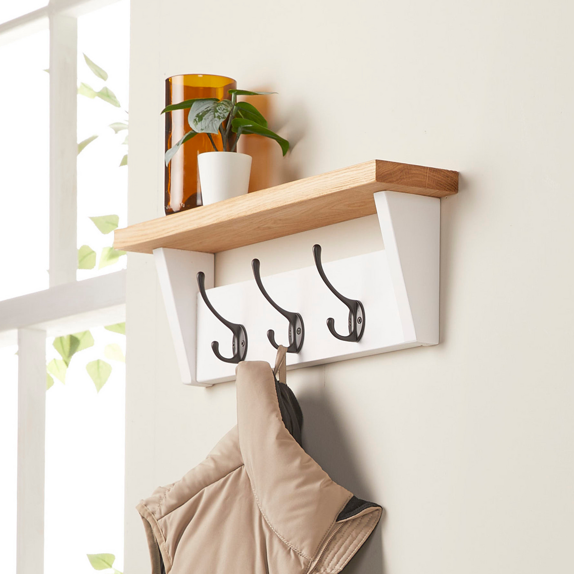 White Painted Coat Rack with Oak Shelf - 5 Hooks - 75cm - Off the Grain