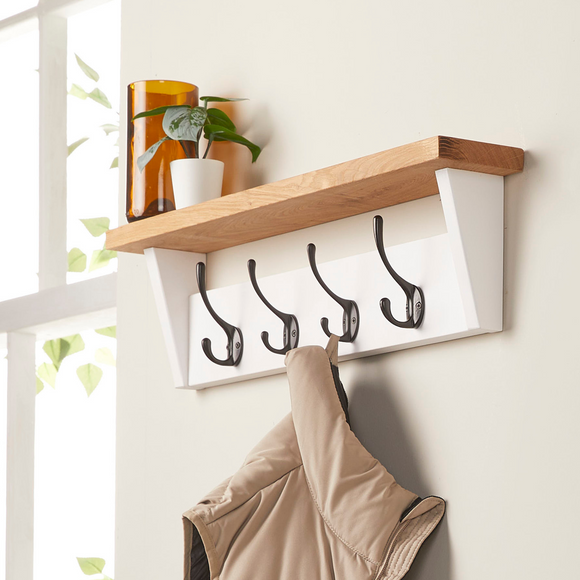 White Painted Coat Rack with Oak Shelf - 5 Hooks - 75cm - Off the Grain