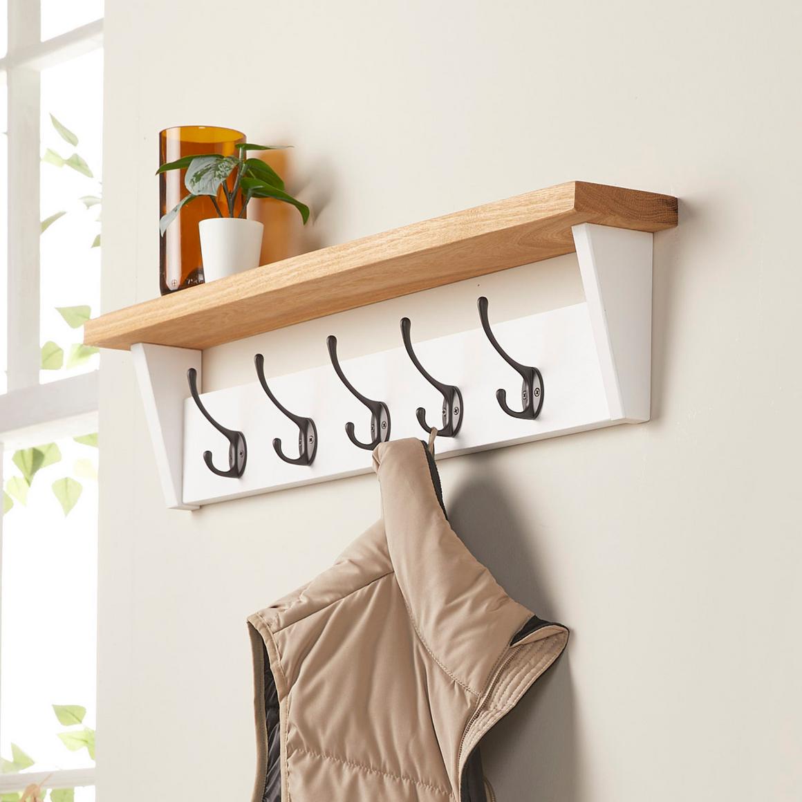 White Painted Coat Rack with Oak Shelf - 5 Hooks - 75cm - Off the Grain