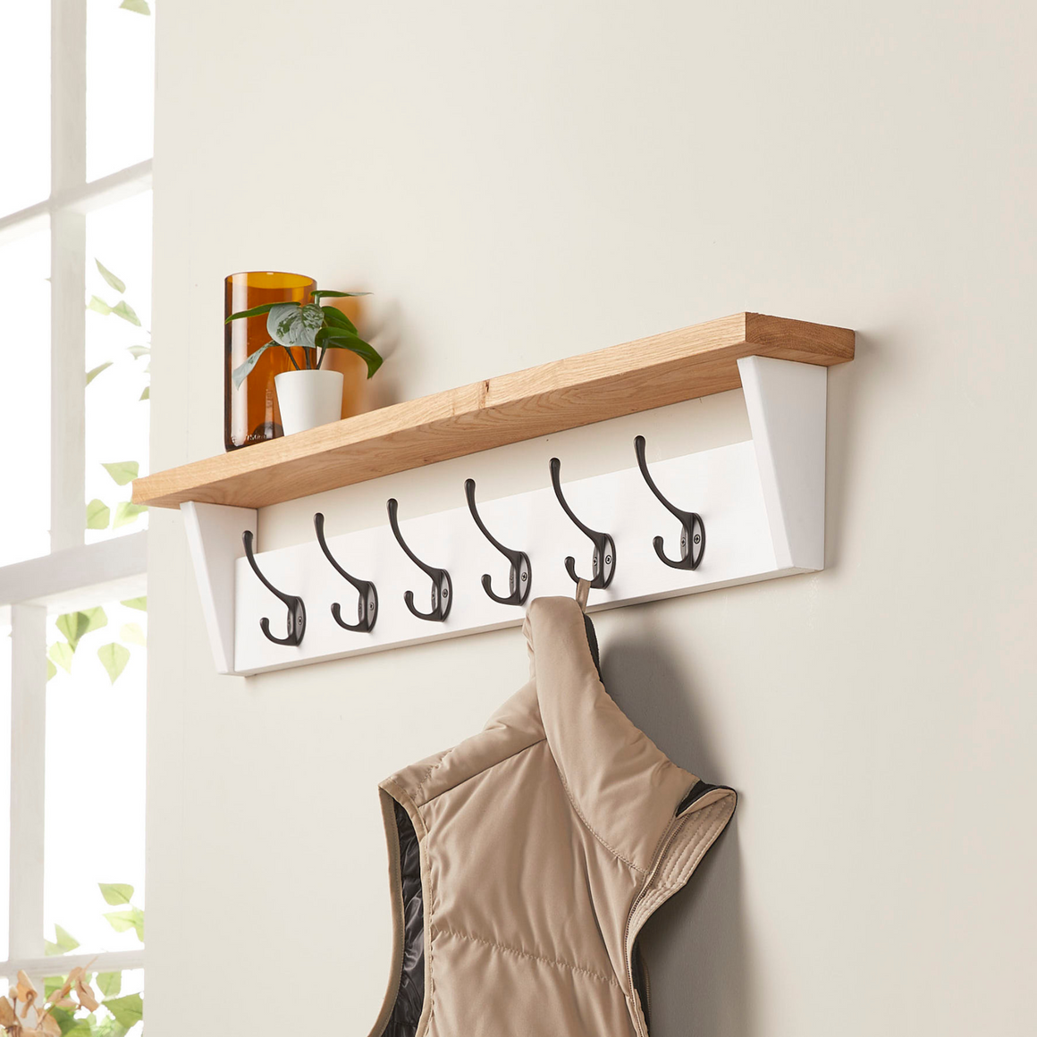 White Painted Coat Rack with Oak Shelf - 5 Hooks - 75cm - Off the Grain