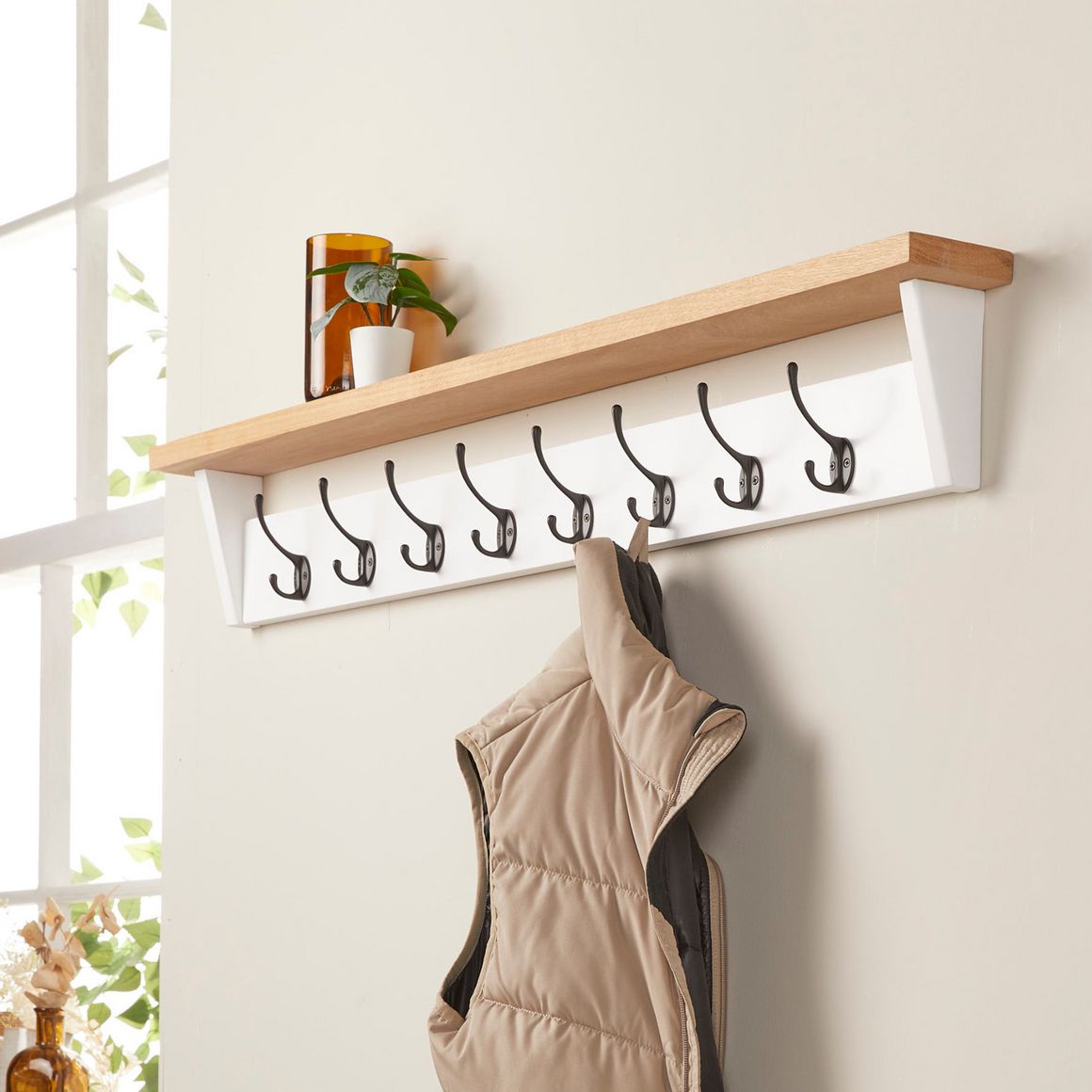 White Painted Coat Rack with Oak Shelf - 5 Hooks - 75cm - Off the Grain