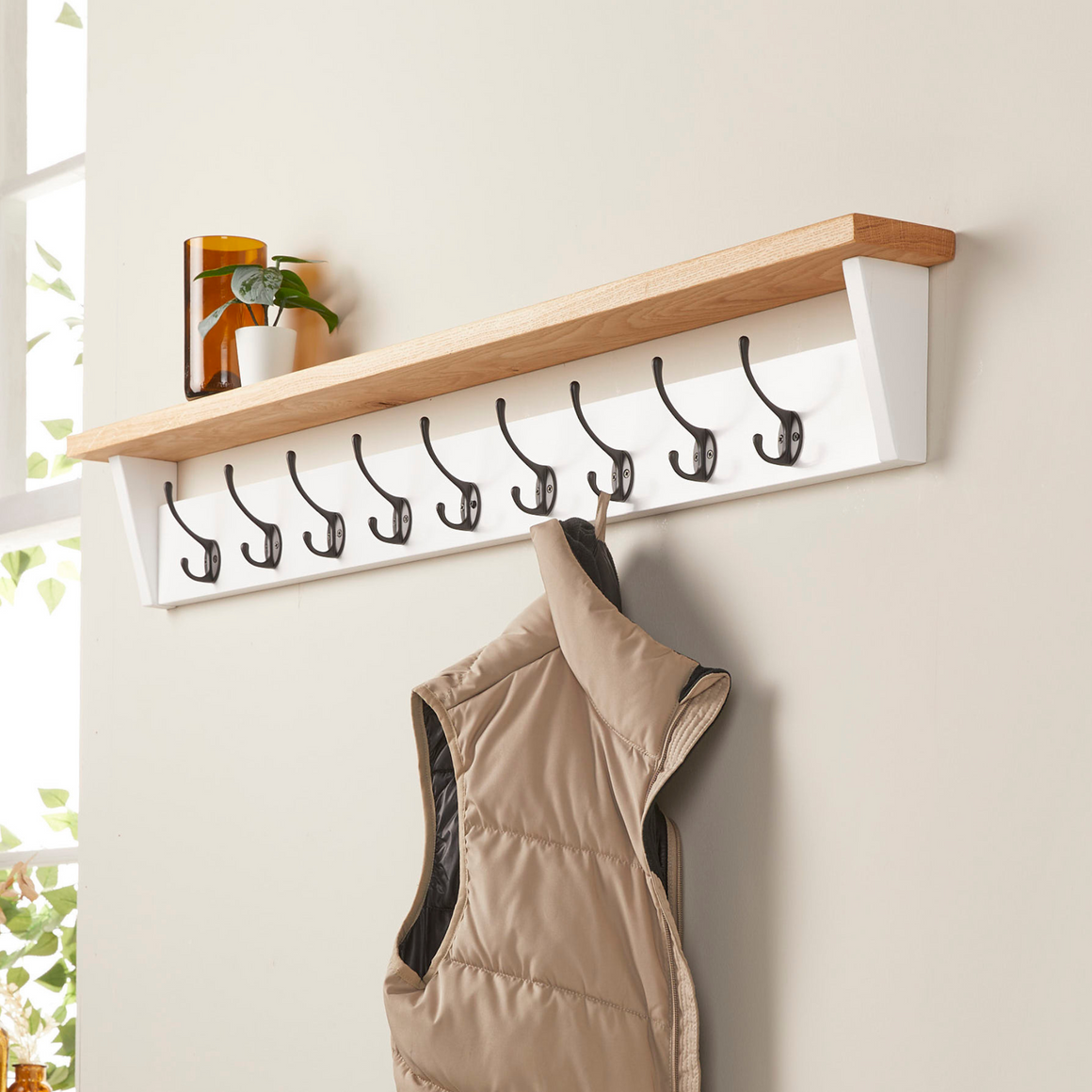 White Painted Coat Rack with Oak Shelf - 5 Hooks - 75cm - Off the Grain