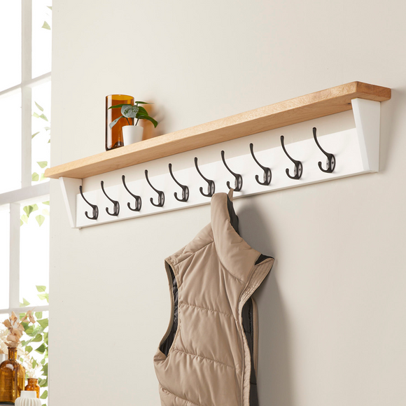 White Painted Coat Rack with Oak Shelf - 4 Hooks - 62cm - Off the Grain