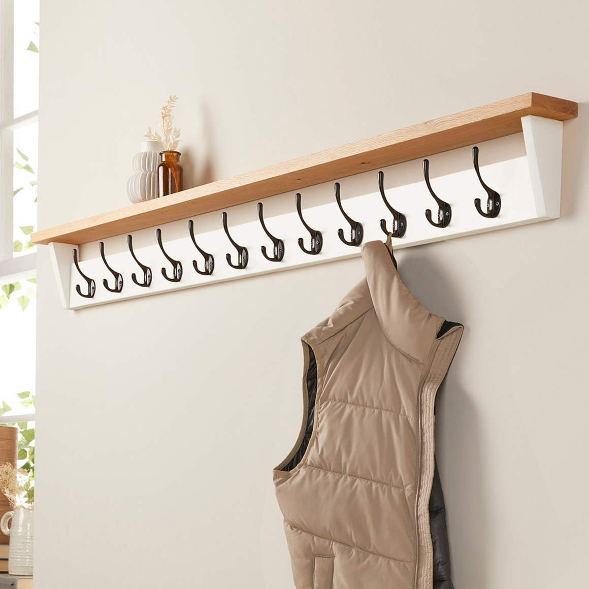 White Painted Coat Rack with Oak Shelf - 5 Hooks - 75cm - Off the Grain